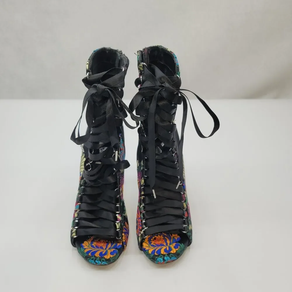 Steve Madden Fuego Embroidered Floral Lace-Up Peep-Toe Stiletto Booties Size 7
